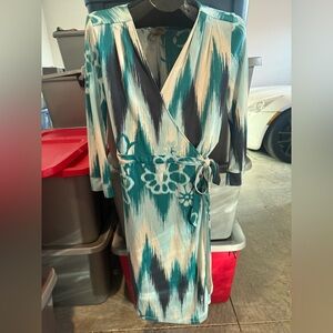 Teal and Cream Wrap Dress with Abstract Ikat Print p12